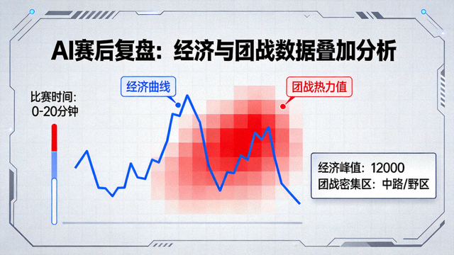 AI复盘示意图：经济曲线与团战热力图叠加的赛后数据分析画面